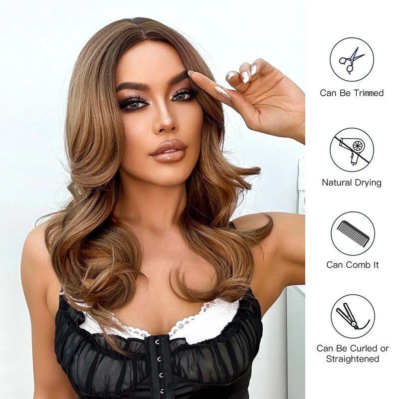 ALAN EATON Wig sintetis bergelombang coklat, bagian tengah rambut Ombre untuk wanita serat tahan panas tampak alami penggunaan sehari-hari