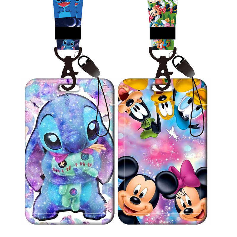 Disney Stitch pemegang kartu Mickey lanyard pemegang kartu Minnie tali leher untuk gantungan kunci pintu anak pemegang kartu anak laki-laki perempuan