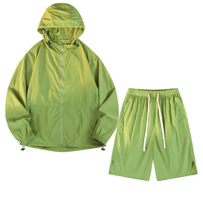Traje de protección solar para hombre, pantalones cortos de manga larga, 2 piezas, de secado rápido, ropa deportiva sencilla para vacaciones al aire libre