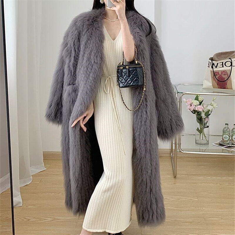 Zimowe długie płaszcz ze sztucznego futra damskie imitujące z futra lisa koreańską wersję długich kurtek z futra płaszcz ze sztucznego futra lisa