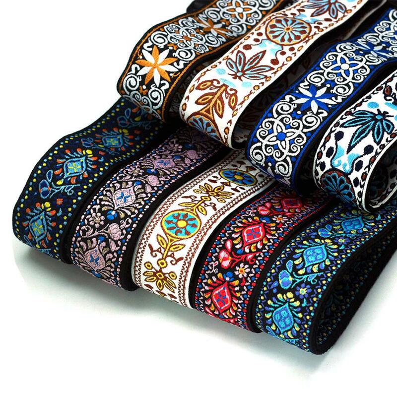 Guitar Strap Embroidered Belt  Adjustable Jacquard Band With Leather End For Bass Acoustic Electric Guitar Musical Instrument