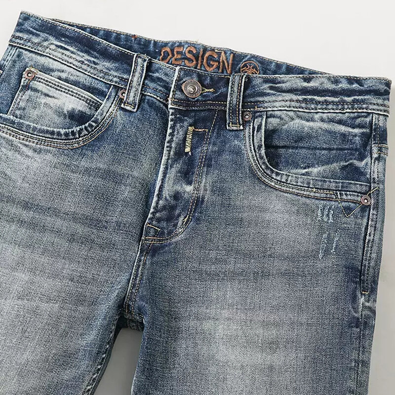 Markowe męskie jeansy wysokiej jakości niebieskie w stylu Retro elastyczne Slim Fit porwane jeansy mężczyzn spodnie w stylu Vintage casualowe spodnie jeansowe Hombre