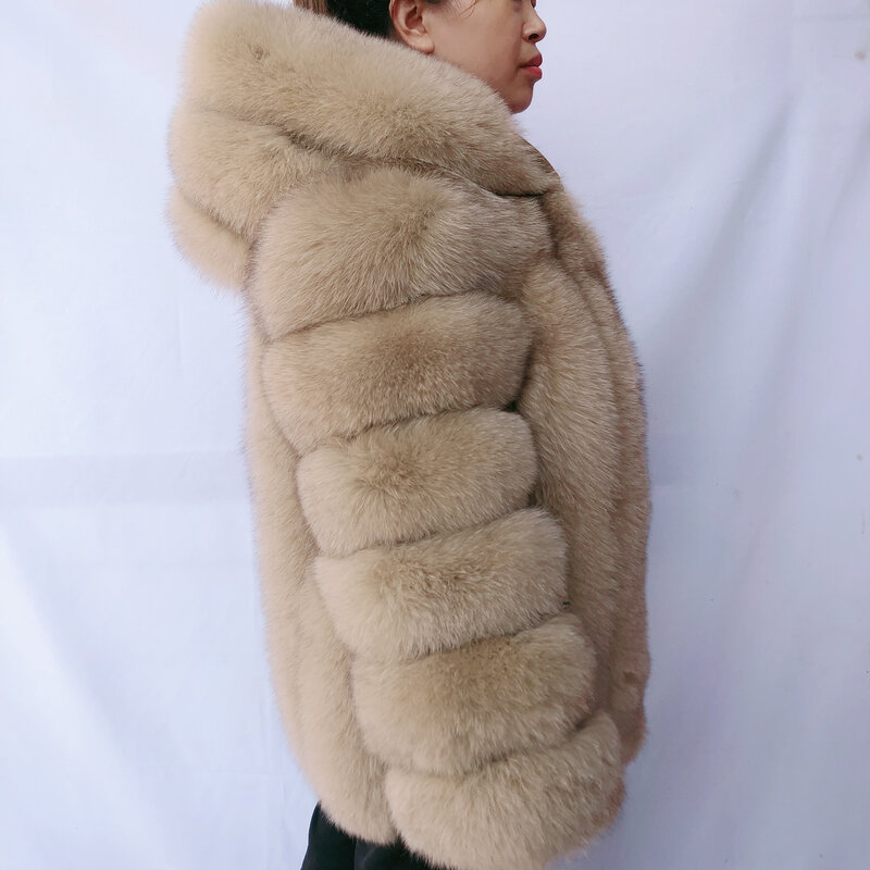 여성용 진짜 여우 모피 후드 코트, 세련되고 따뜻한 천연 여우 모피, 수직 후드 모자, 고품질 푹신한 모피, 겨울 100%