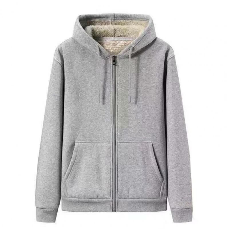 Men Hoodie Coat Solid Color Long Sleeve Hooded Thicken Plush Drawstring Winter Jacket Zipper Fly Women Hoodie Coat for Daily