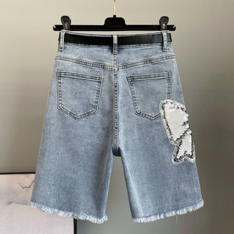 กางเกงยีนส์ขาตรงเอวสูงของผู้หญิง celana pendek DENIM ประดับด้วยลูกปัดโบว์ติดเลื่อมกางเกงยีนส์เนื้อบางเก๋ๆใส่ฤดูร้อนไซส์ใหญ่