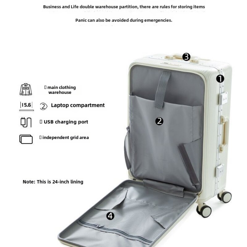 Valise à roulettes universelle avec mot de passe, bagage multifonctionnel, cadre en aluminium, ouverture avant, sac d'embarquement à roulettes
