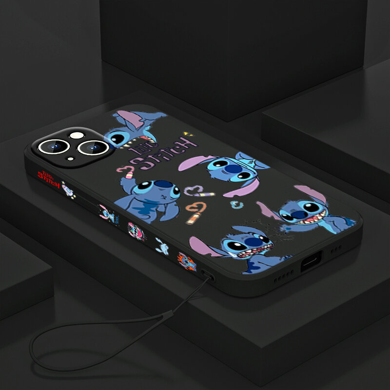 Lilo & Stitch Cartoon Disney Phone Case For Apple iPhone 14 13 12 Mini 11 XS Pro Max X XR 8 7 6 Plus SE 2020 Liquid Left Rope