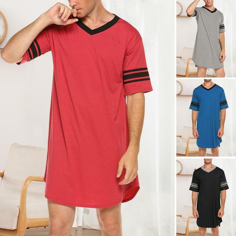 Men Summer Top Color Matching Men Loungewear Long Style Short Sleeve V Neck Home Clothes Striped Print Sleeping Clothes For Men