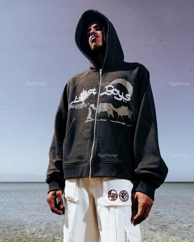 Brief Print Zip Hoodies Amerikaanse Retro Streetwear Hoge Kwaliteit Trui Y2k Kleding Hip Hop Sweatshirts Losse Jas Mannen Kleding