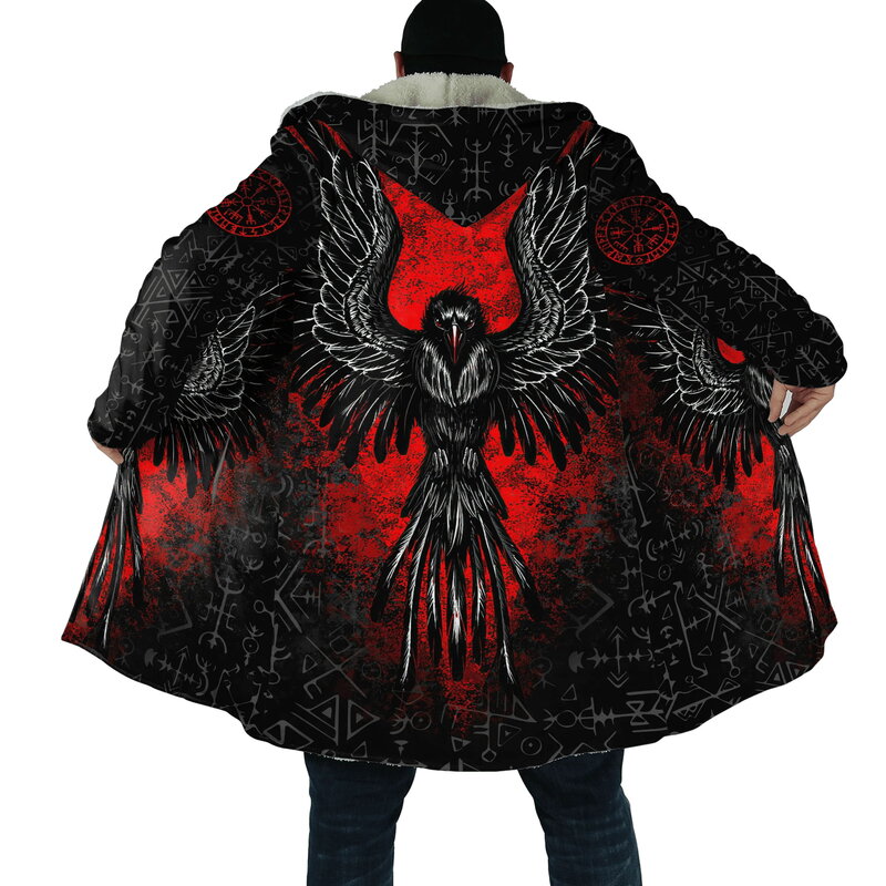 Fashion musim dingin pria jubah serigala tato naga Rune 3D mantel berkerudung bulu tebal Unisex kasual mantel jubah hangat DP22