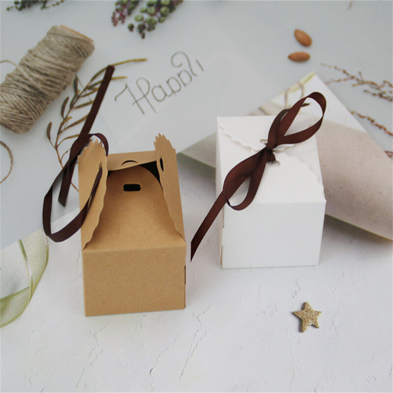 10/20/30 Buah Gelombang Kotak Kertas Kraft dengan Pita dan Tag untuk Pernikahan Bayi Mandi Kotak Permen Hadiah Perlengkapan Pesta Ulang Tahun
