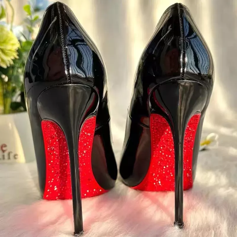 Zapatos de tacón alto puntiagudos con diamantes de imitación para mujer, calzado de plataforma con fondo rojo, boda, novia, novedad de 2024