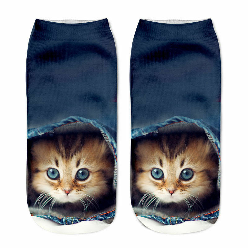 Calcetines tobilleros con estampado 3D de gato para mujer y niña, calcetín deportivo de corte bajo, de algodón, diseño divertido