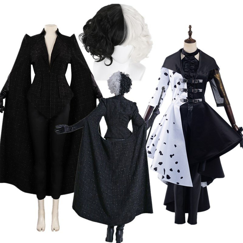 Cruella Cosplay Costume pour femmes adultes, manteau Net, robe, tenues de perruque, déguisement de carnaval d'Halloween imbibé
