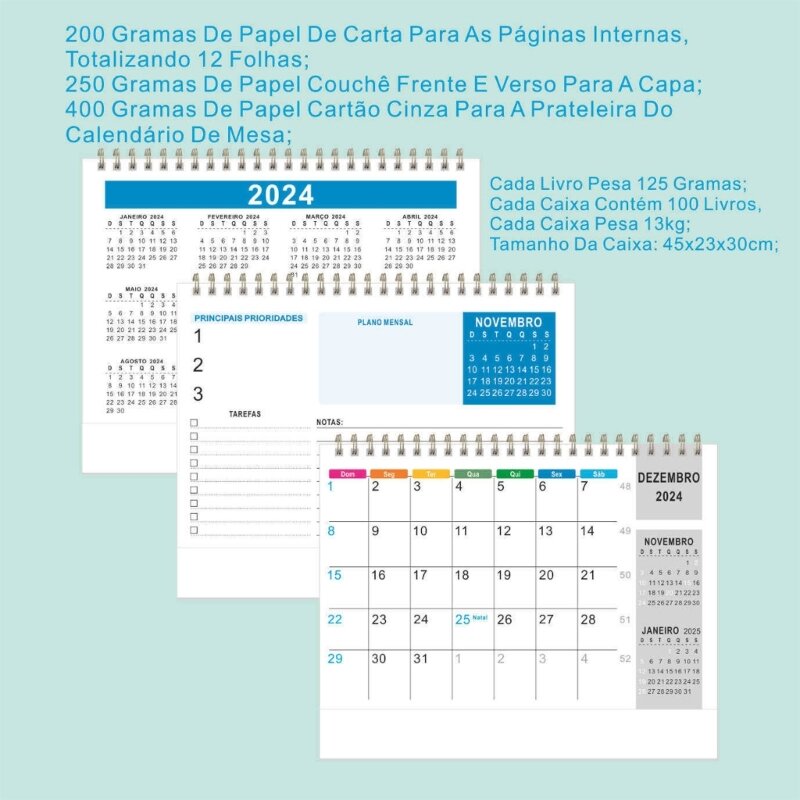Calendario escritorio brasileño K1AA 2024 para decoración oficinas en hogar para planificador diario