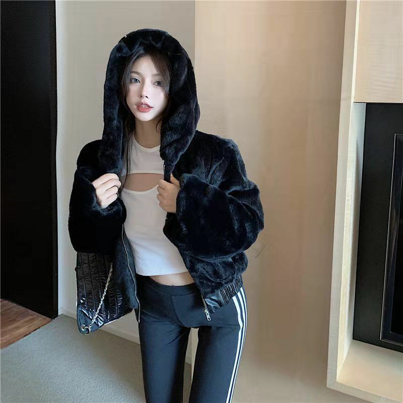 High Quality Thicken Furry Cropped Faux Fur Coats And Jackets Women Fluffy Top Coat With Hooded Winter Fur Jacket Manteau Femme