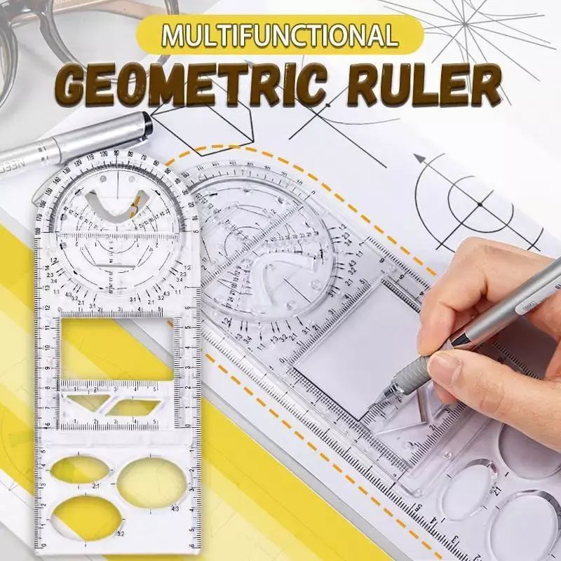 Regla geométrica multifuncional, plantilla de dibujo geométrico, herramienta de medición para la escuela, suministros de oficina, reglas de dibujo para estudiantes