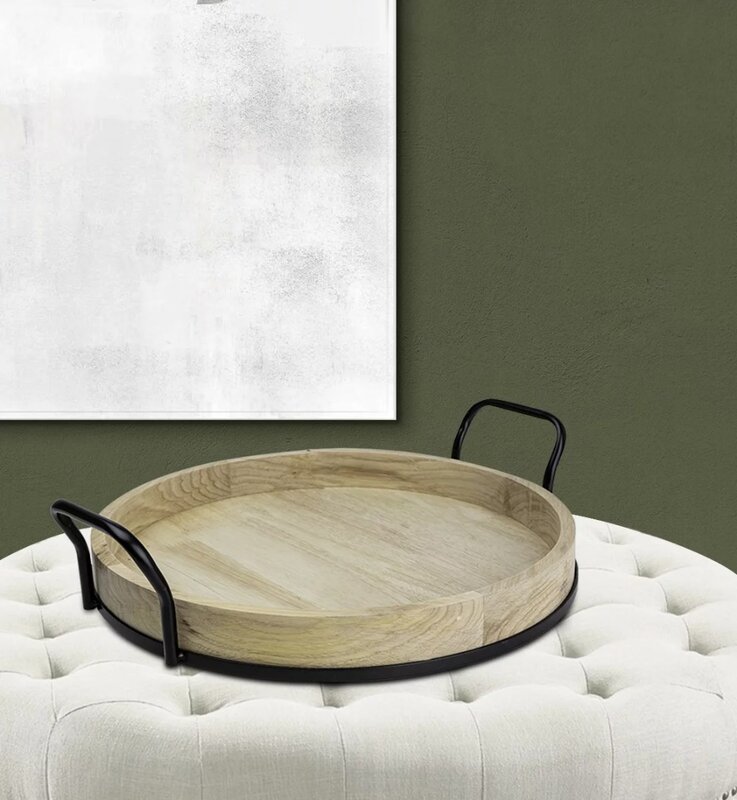 17-inch Round Light Wood and Metal Tray