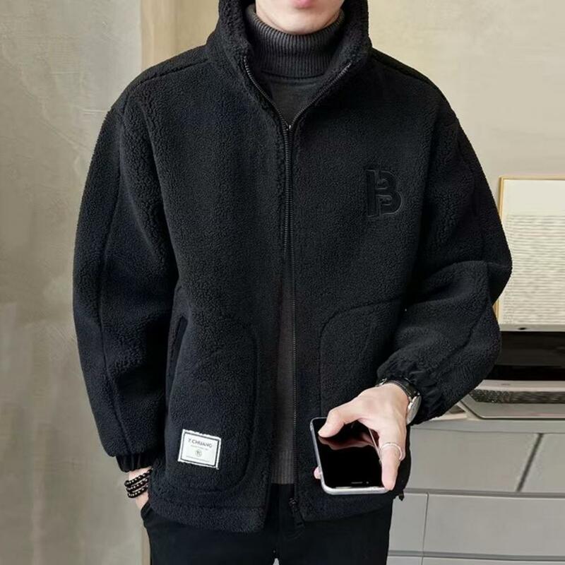 Winter Men's Fleece Jacket Pockets Solid Color Casual Polar Fleece Jacket Cold-Proof Thickened Warm Clothes Plus Size Outwear