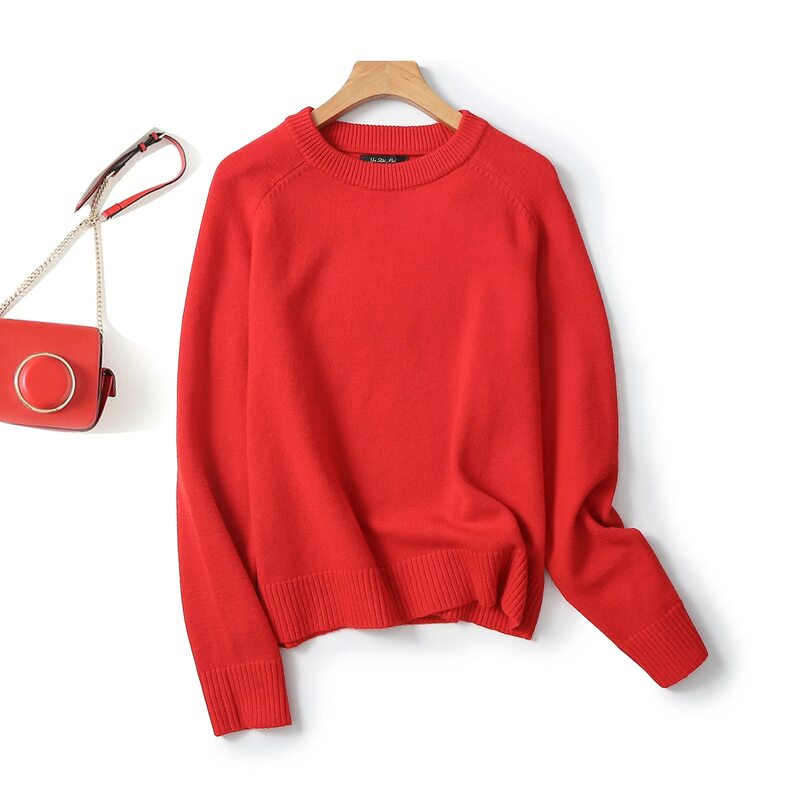Suéter de cuello redondo de mezcla de lana etérea, suéter minimalista informal, rojo brillante, MD, Otoño, nuevo estilo, 2023