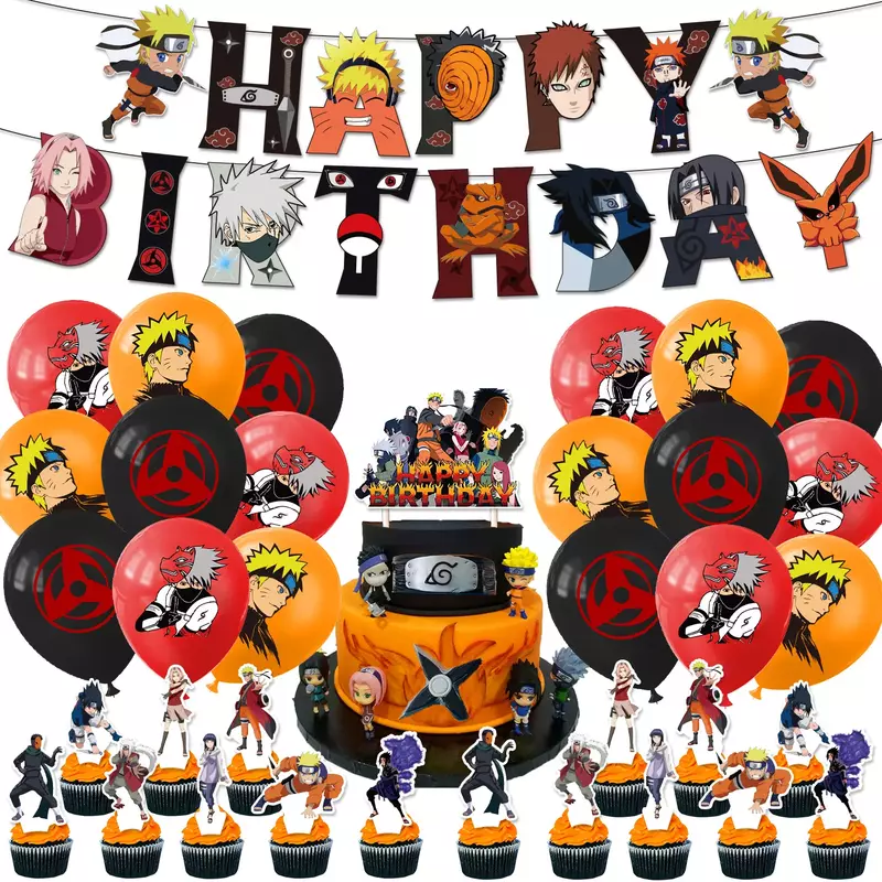 Naruto Thema Verjaardagsfeest Decoratie Riman Vlag Cake Invoegen Kaart Ballon Spiraal Charme Party Arrangement Interieurdecoratie