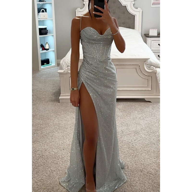 Sexy Sparkly Formal Occasion Dress For Women Chic Spaghetti Strap High Split Prom Long Dresses Lady Cocktail Evening Party Gowns