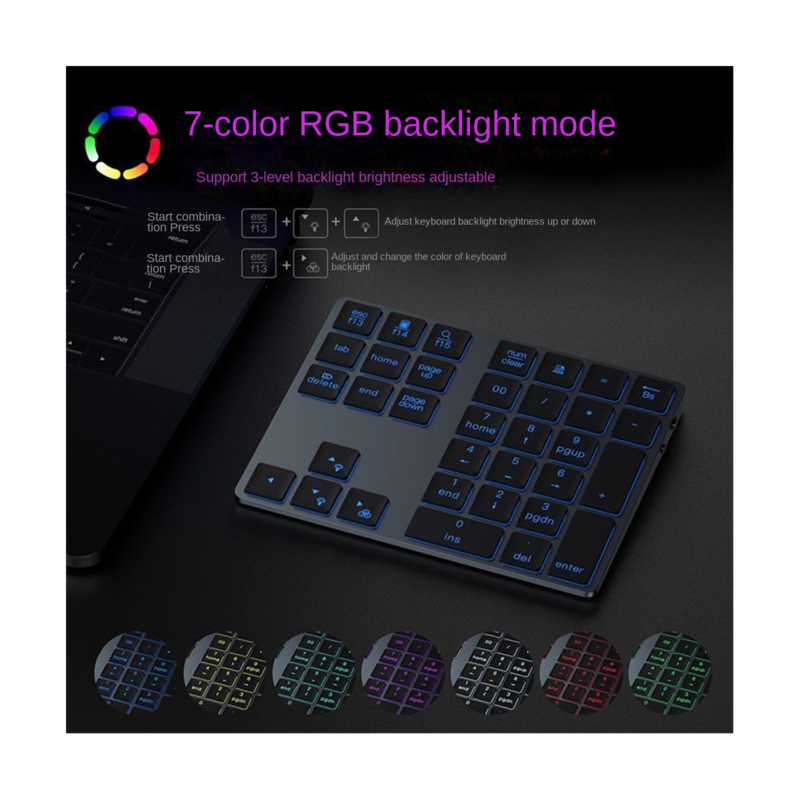 Teclado numérico Bluetooth retroiluminado, RGB Recarregável, 34 Teclas, Teclado Numpad de alumínio para PC, Computador portátil