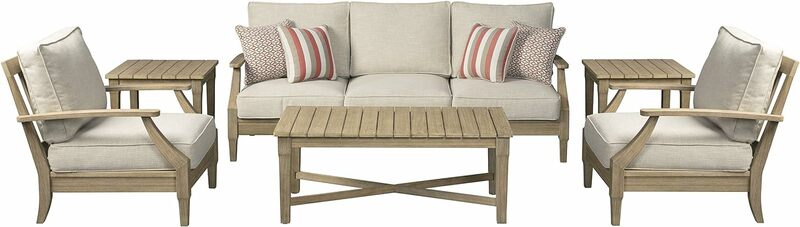 Signature Design by Ashley Clare View Outdoor Eucalyptus Wood Single Cushioned Lounge Chair, Beige
