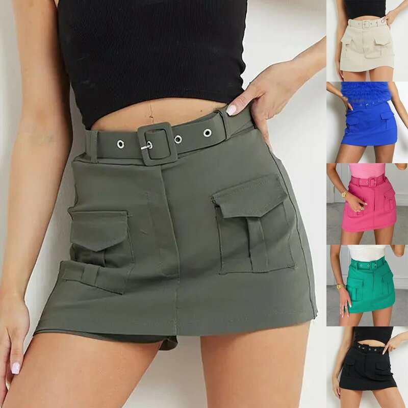 Mini jupe cargo taille basse pour femme, bouton, denim, poches, haut, bas