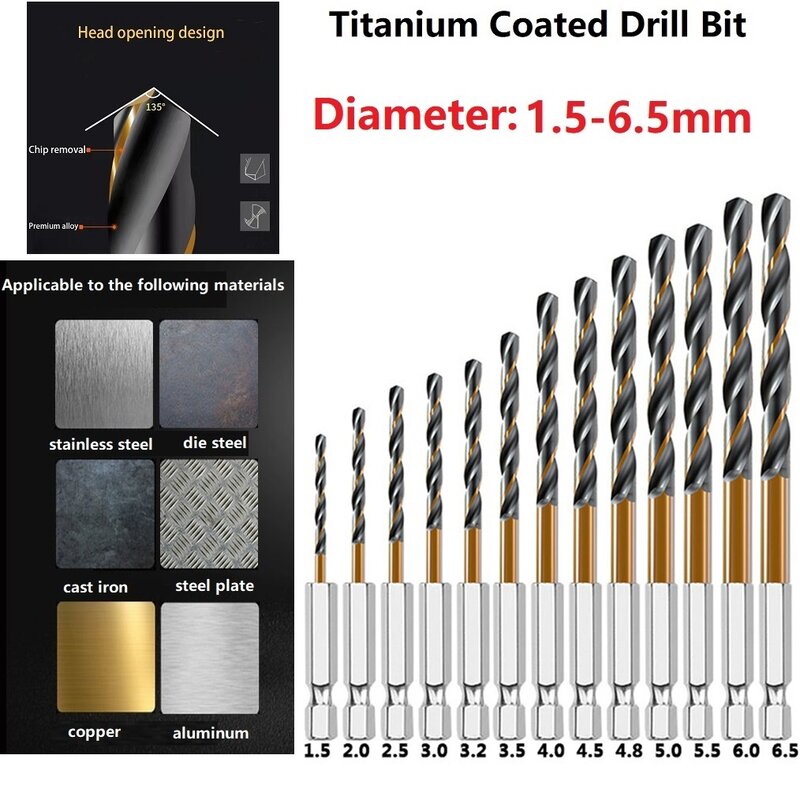 1PC HSS High Speed Steel Titanium Coated Drill Bit Set 1/4 Hex Shank 1.5-6.5mm Woodworking Tools Ferramentas Brocas Taladro