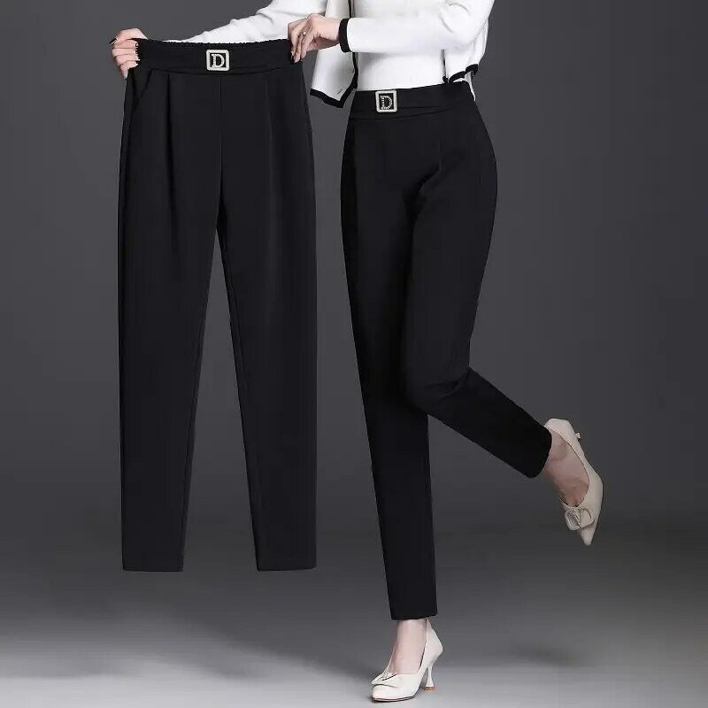 Spring Women's New Fashion Elastic High Waist Diamonds Solid Color Skinny Versatile Ruched Pocket Trendy Professional Suit Pants