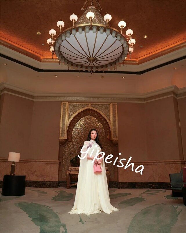 فستان حفلة موسيقية مزين بالشيفون ، ثوب سهرة رسمي ، فساتين متوسطة الطول بياقة عالية ، المملكة العربية السعودية ، على شكل حرف A ، مناسبة مخصصة