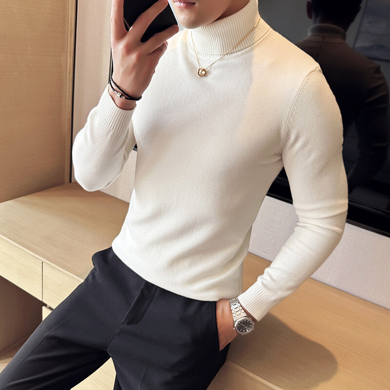 Sweater Pullover pria, 10 warna Turtleneck bagian bawah hangat pria musim gugur/musim dingin Solid Slim Fit bisnis kasual kualitas tinggi Sweater rajut