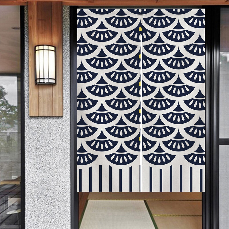 Ofat-cortina de puerta japonesa Noren, escamas azules profundas, Partición de habitación, Decoración de cocina, póster colgante