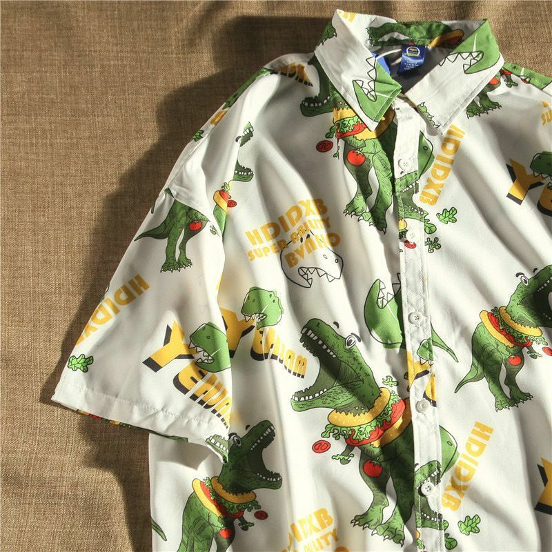 Nieuwe High-End Heren Shirt Zomer Groot Formaat Dunne Losse Casual Fat Knappe Ijs Zijden Dinosaurus Shirt Zomerjas Y 2K