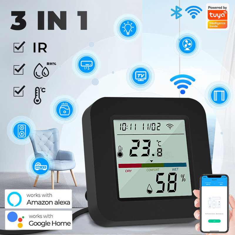 Tuya Smart WiFi Controle Remoto Infravermelho, Temperatura, Sensor de Umidade, Ar Condicionado, Ventilador, TV, Controle de Voz, Alexa, Google Home Life
