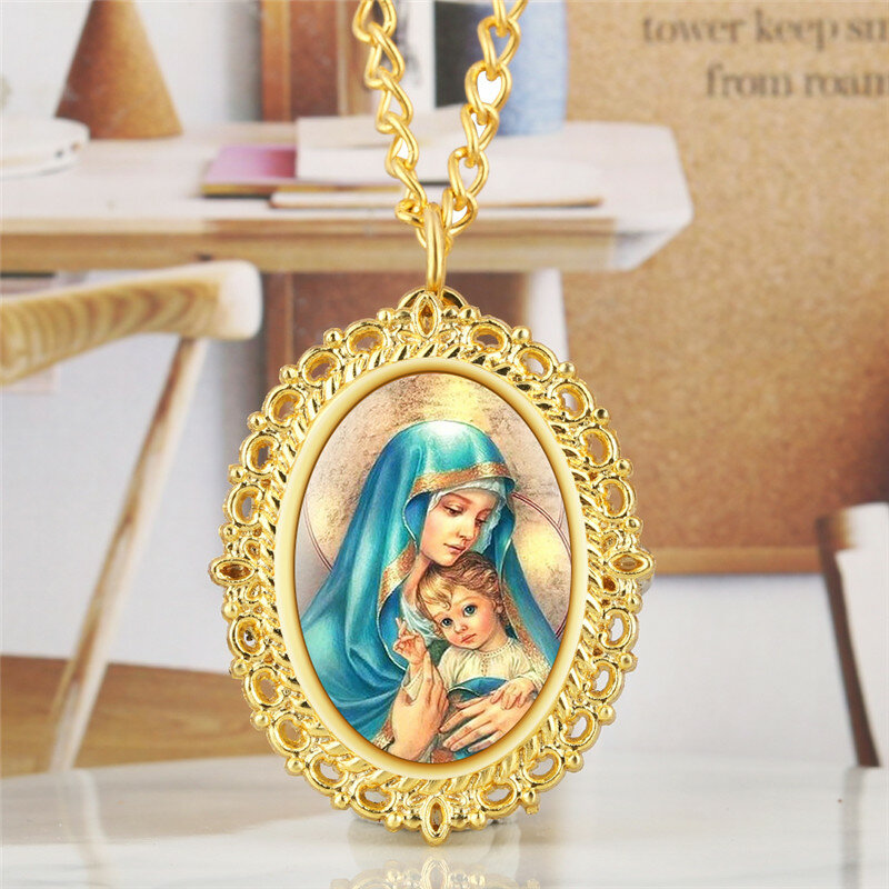 Retro Jesus Virgin Mary Design Oval Shape Quartz Movement Arabic Number Pocket Watch for Men Women Religion Watches with Chain