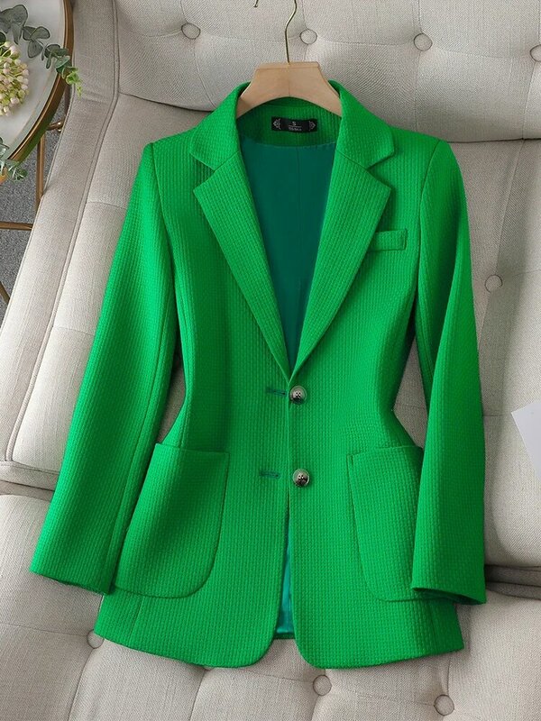 Setelan Blazer wanita lengan panjang, baju jaket wanita, jaket lengan panjang, hijau, hitam, krem, Single Breasted dengan saku