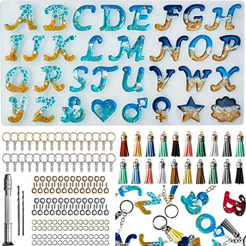Kit de moldes de resina del alfabeto, moldes de silicona para fundición de resina, bricolaje, letras y adornos, moldes epoxi, juego de fabricación de llaveros de resina