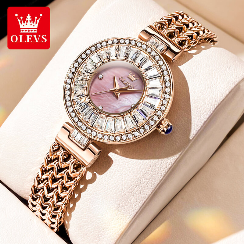 Orologio al quarzo di cristallo lucido di moda di marca OLEVS per le donne cinturino in acciaio inossidabile in oro rosa impermeabile orologi con diamanti di lusso da donna