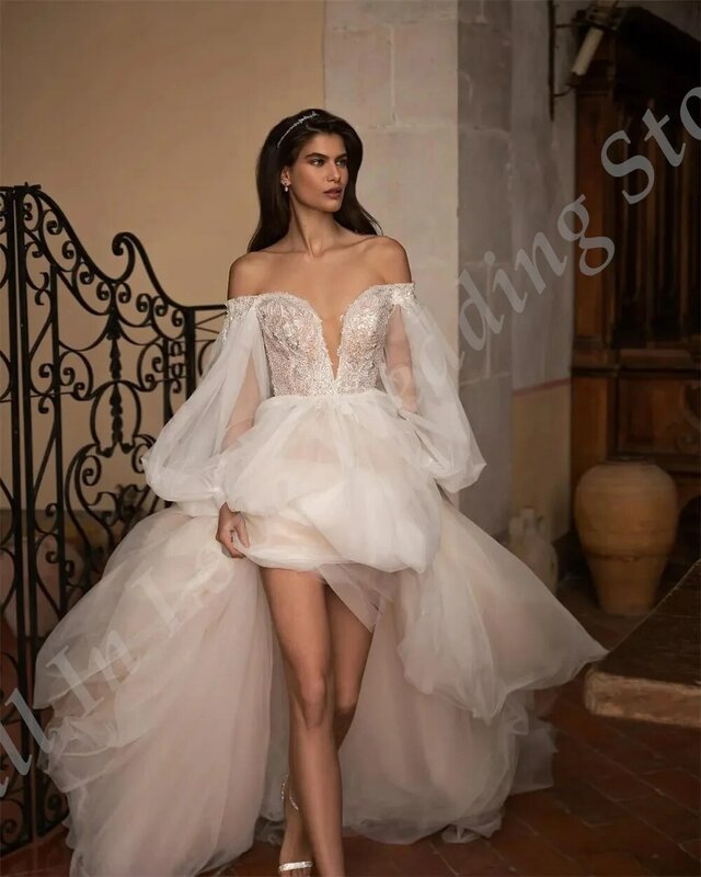 Gaun pernikahan wanita, Dress Off-Shoulder lengan bengkak manik-manik renda applique kain Tule A-Line gaun pengantin panjang lantai 2024