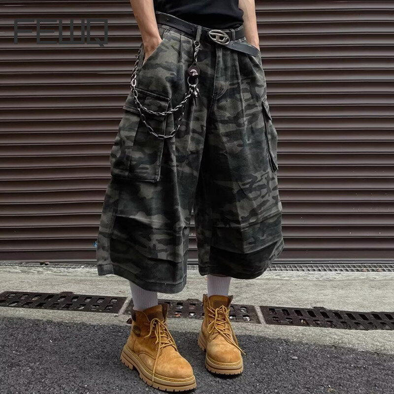 FEWQ Camouflage Work Men Shorts 2024 Cargo Darkwear Pocket Design Casual New Fashion Male Wide Leg Trousers 24E1421