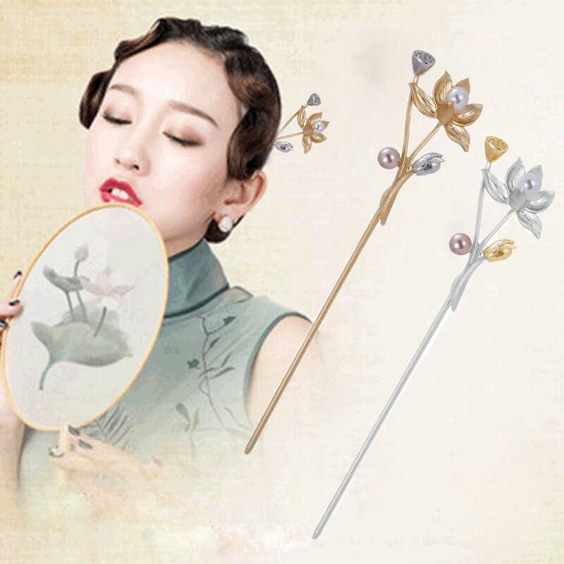 Lotus-女性用の花のヘアスティック,ヘアクリップ,真珠のヘアピン,結婚式のアクセサリー,ファッションジュエリー