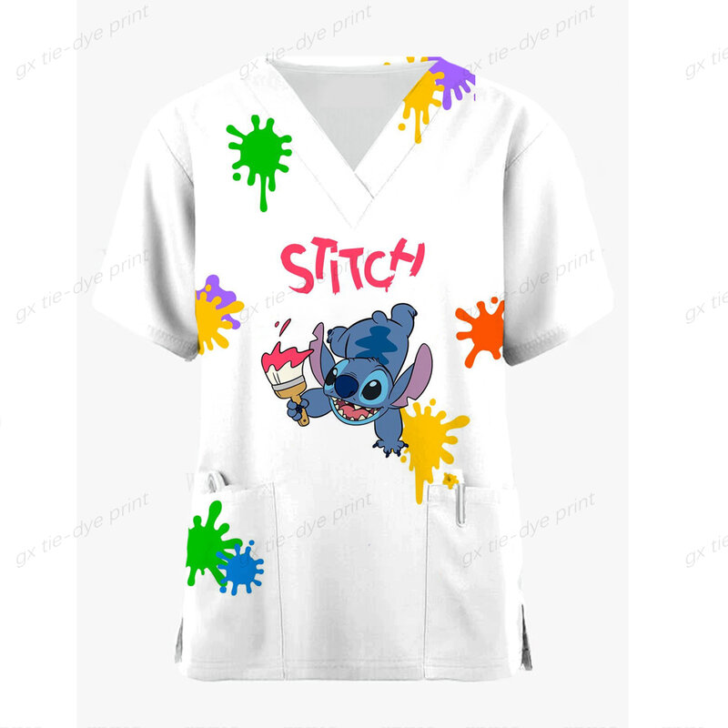 Disney Stitch Impresso Uniforme de Enfermeira para Mulheres, Top de manga curta com bolso, Top médico feminino, Monocromático, Disney