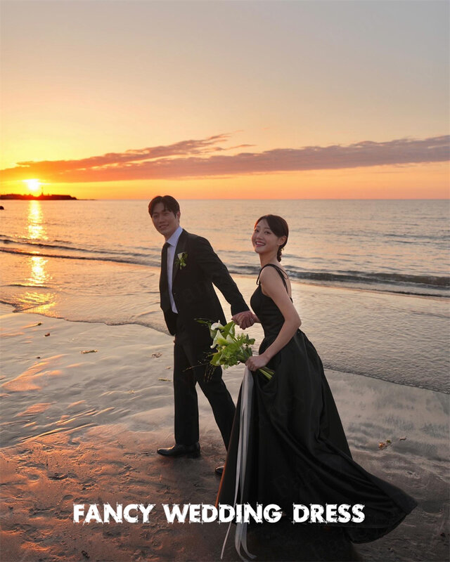 Fancy Elegant Black Korea Wedding Dress Beach Photography Sleeveless Floor Length Satin Prom Gown Spaghetti Straps 웨딩드레스