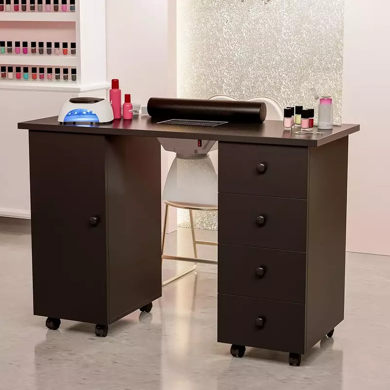 Nail Desk Workstation Nail Art Equipment con sfiato elettrico Downdraft, cuscino da polso, ruote bloccabili, armadietto e cassetti