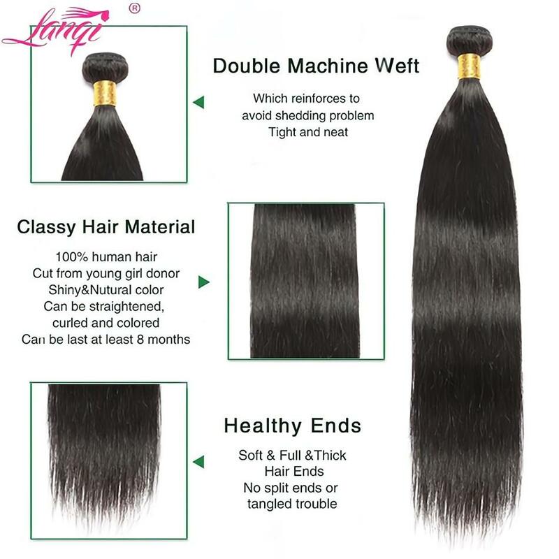 Pacotes retos do cabelo humano com fechamento, Weave brasileiro do cabelo do Remy, 3 ou 4 pacotes com Frontal, cor natural, extensões do cabelo