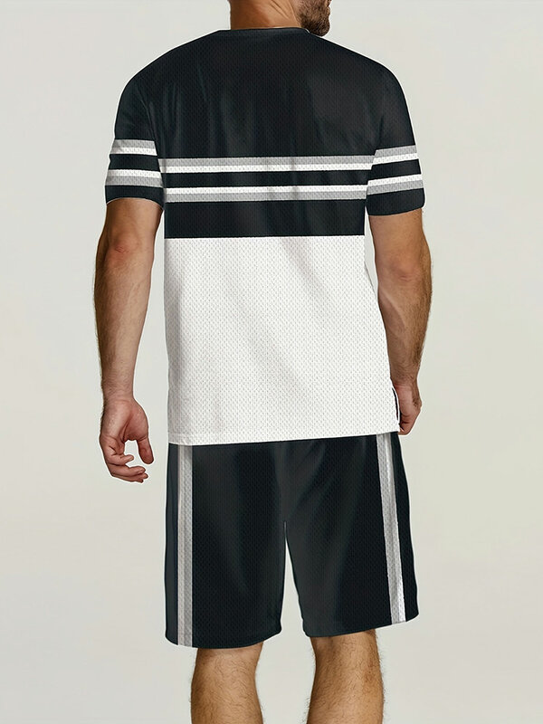Trendowy zestaw koszulek z blokami kolorów i szortów ze sznurkiem Męski letni sportowy zestaw szortów z krótkim rękawem Męski letni garnitur casualowy