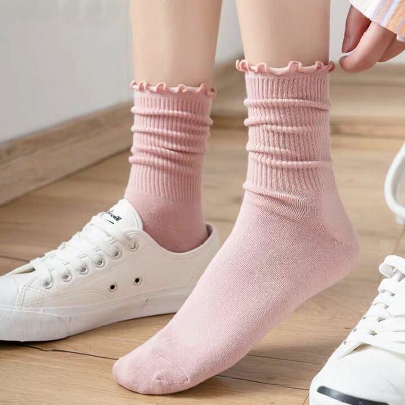 New High Quality 3 Pairs Women Ruffle Lace Cute Socks Polyester Cotton Loose Knitting Solid Color Long Breathable Mid Tube Sock