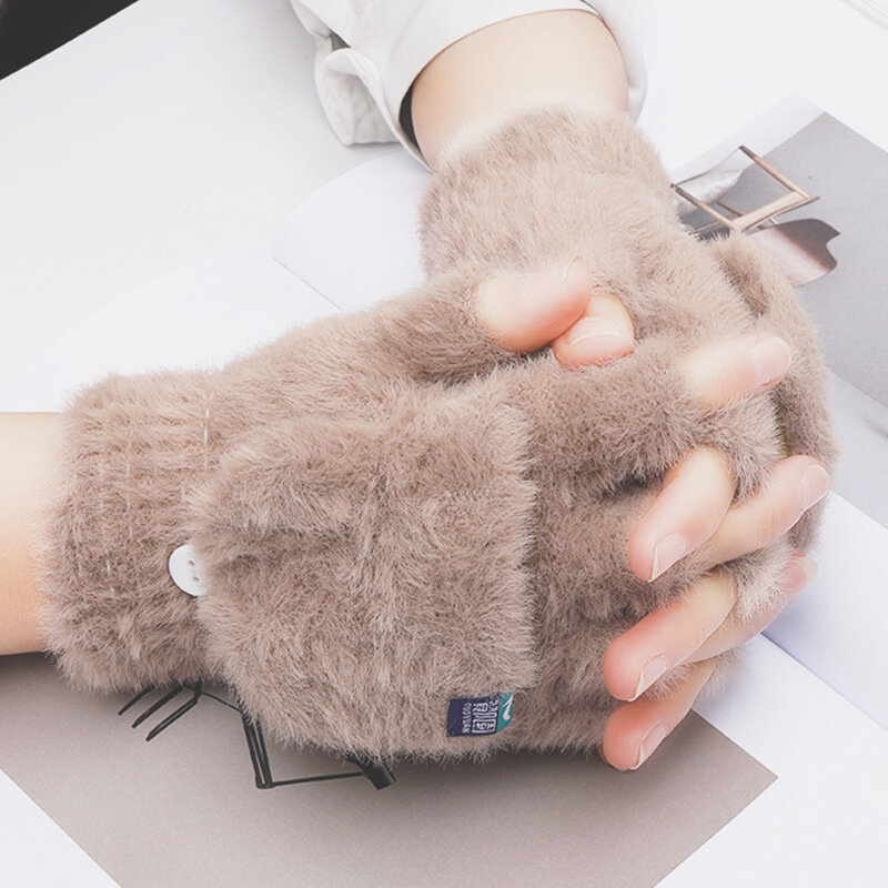 Zimowe ciepłe damskie rękawiczki z dzianiny typu Flip-top damskie miękkie polarowe rękawiczki w jednolitym kolorze imitacja norki codzienne rękawiczki damskie